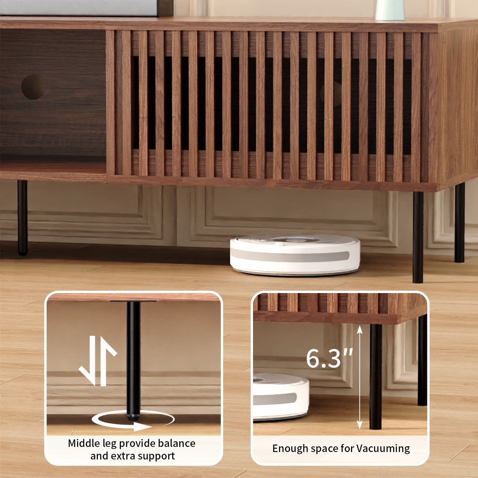 Hommpa TV Stand for 55/65/75/80 inch TV with 2 Slatted Doors, Mid Century Modern TV Console for Living Room Bedroom, Storage Cabinets Open Shelf Entertainment Center for Gaming Media Console, Walnut