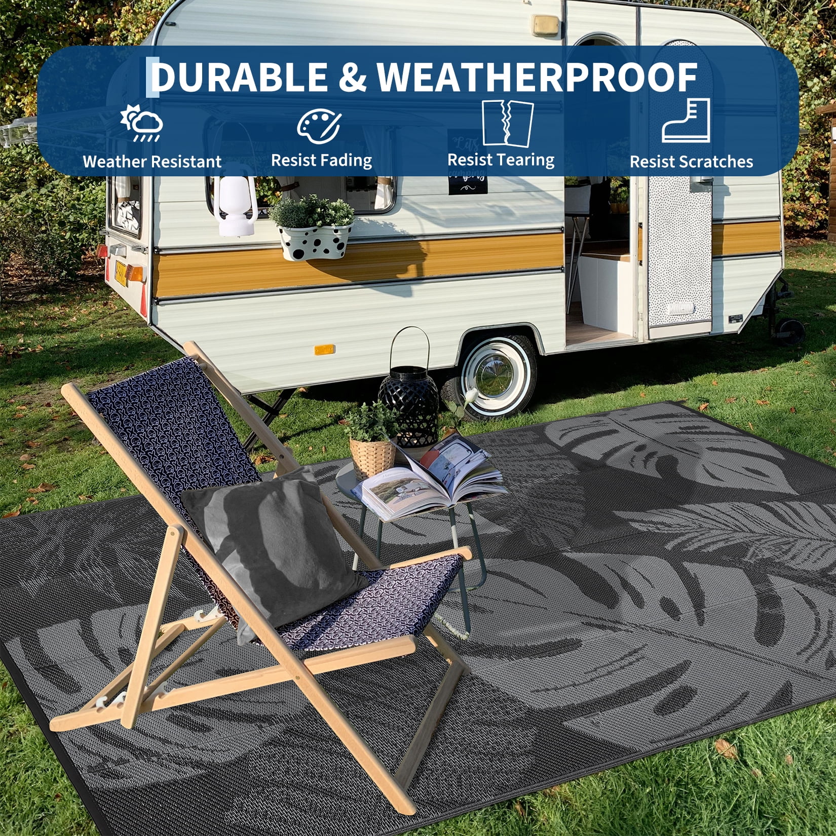 Hasoo 9' x 12' Black/Gray Outdoor Rug Plastic Straw Rug Bohemia Carpet Waterproof PP Tube Woven Portable Mat for Patio Decor, Balcony, Picnic
