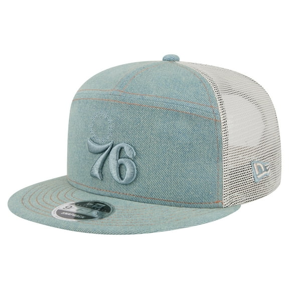 Men's New Era Philadelphia 76ers Adventure Denim Split Panel 9FIFTY Snapback Trucker Hat