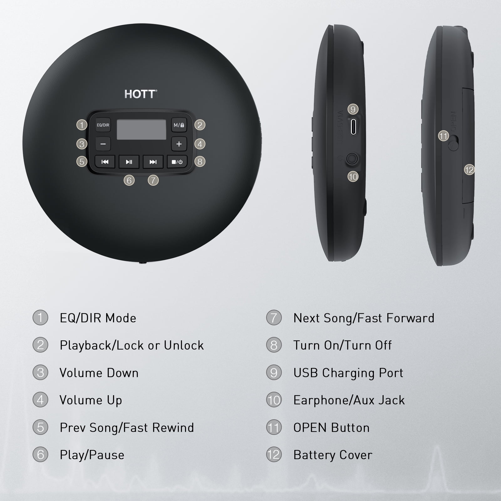 HOTT C204 Basic Portable CD Player with Anti-Skip Protection - AA Battery Powered, Compact CD Players MP3/CD-R Compatible, Built-in Headphones & AUX Output for Car, Home, Trave Multiple cd Players
