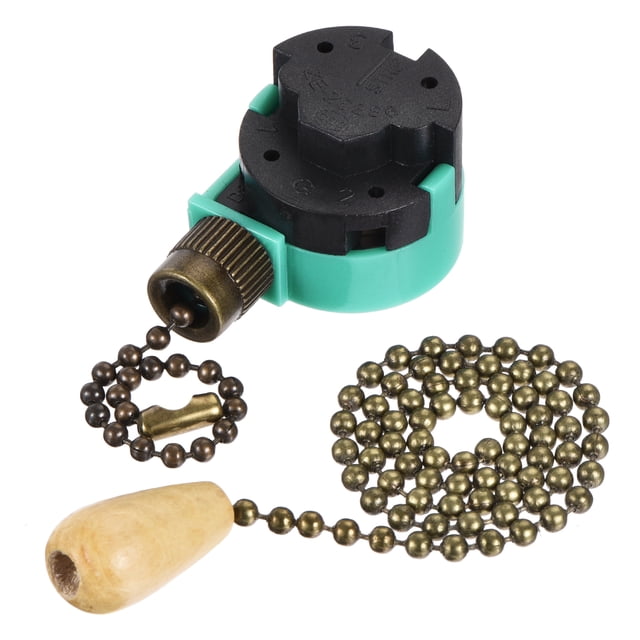 Unique Bargains Pull Chain Switch 3 Speed ZE-268S6 in green and bronze, ideal for ceiling fans, wall lamps, and cabinet lights. Made of plastic and copper, it includes an 80mm pull chain with a 35cm extension for adjustable length. UL and CSA certified for safe use in lighting accessories.