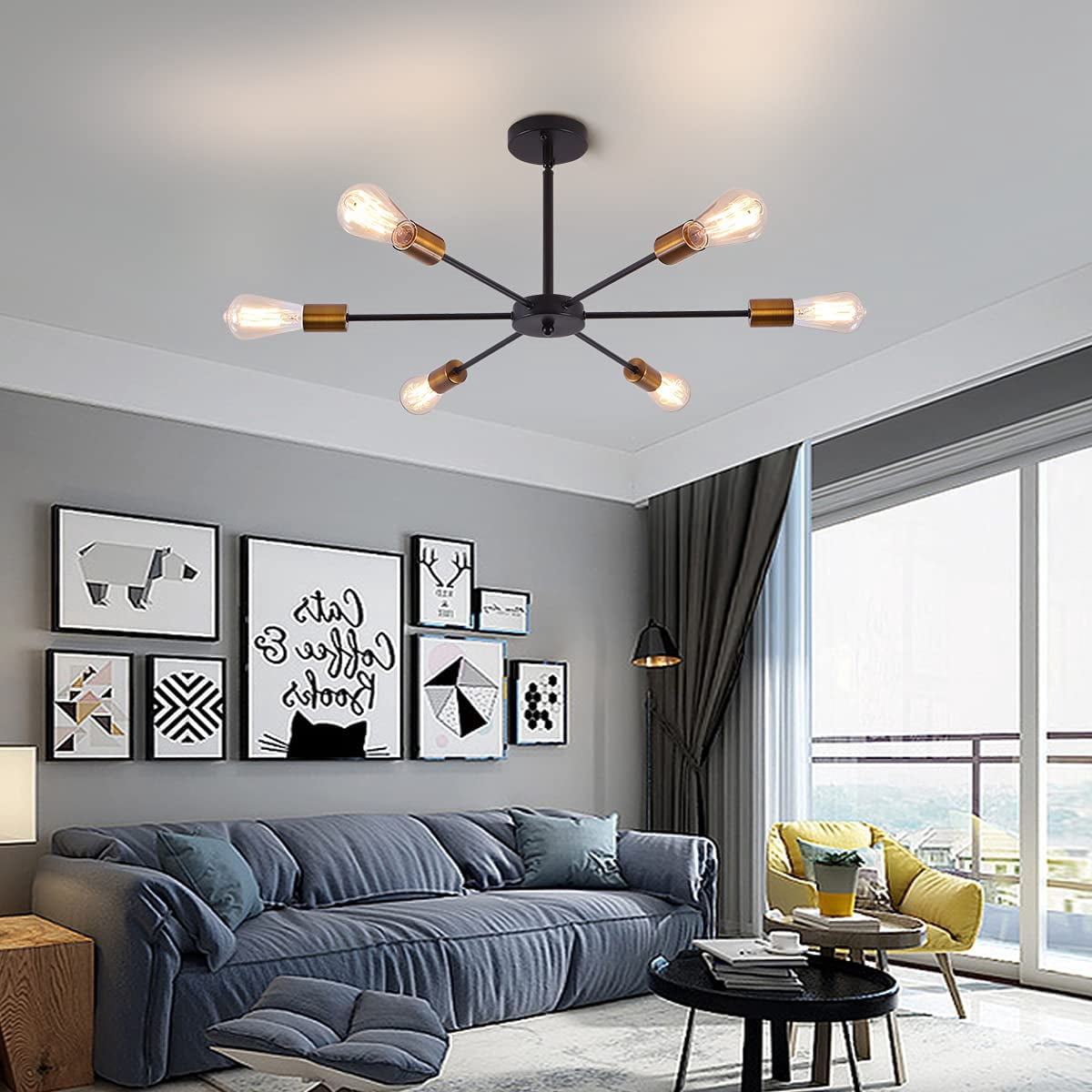 Garwarm Sputnik Chandeliers 6-Light Modern Ceiling Light Fixture Industrial Metal E26 Hanging Pendant Lamp for Farmhouse Kitchen Living Room Lighting