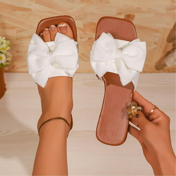Wowcloth Women's Casual Flat Sandals – Comfortable Bow Detail Slip-On with Solid Color Design for Summer Outdoor Wear,Plus Size
