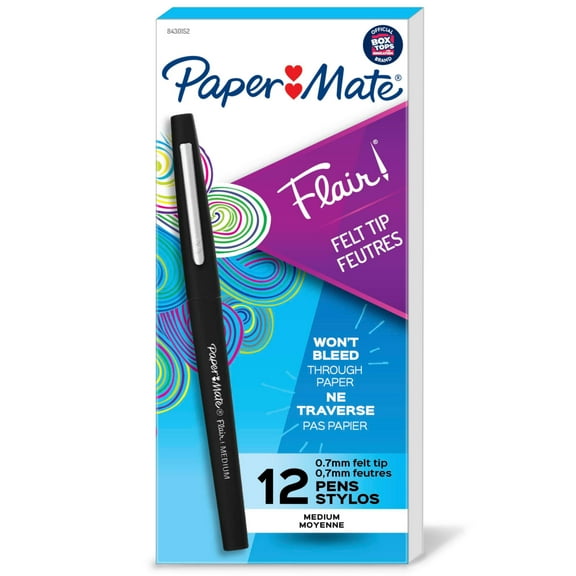 Paper Mate Flair Felt Tip Pens, Medium Point (0.7mm), Black, 12 Count
