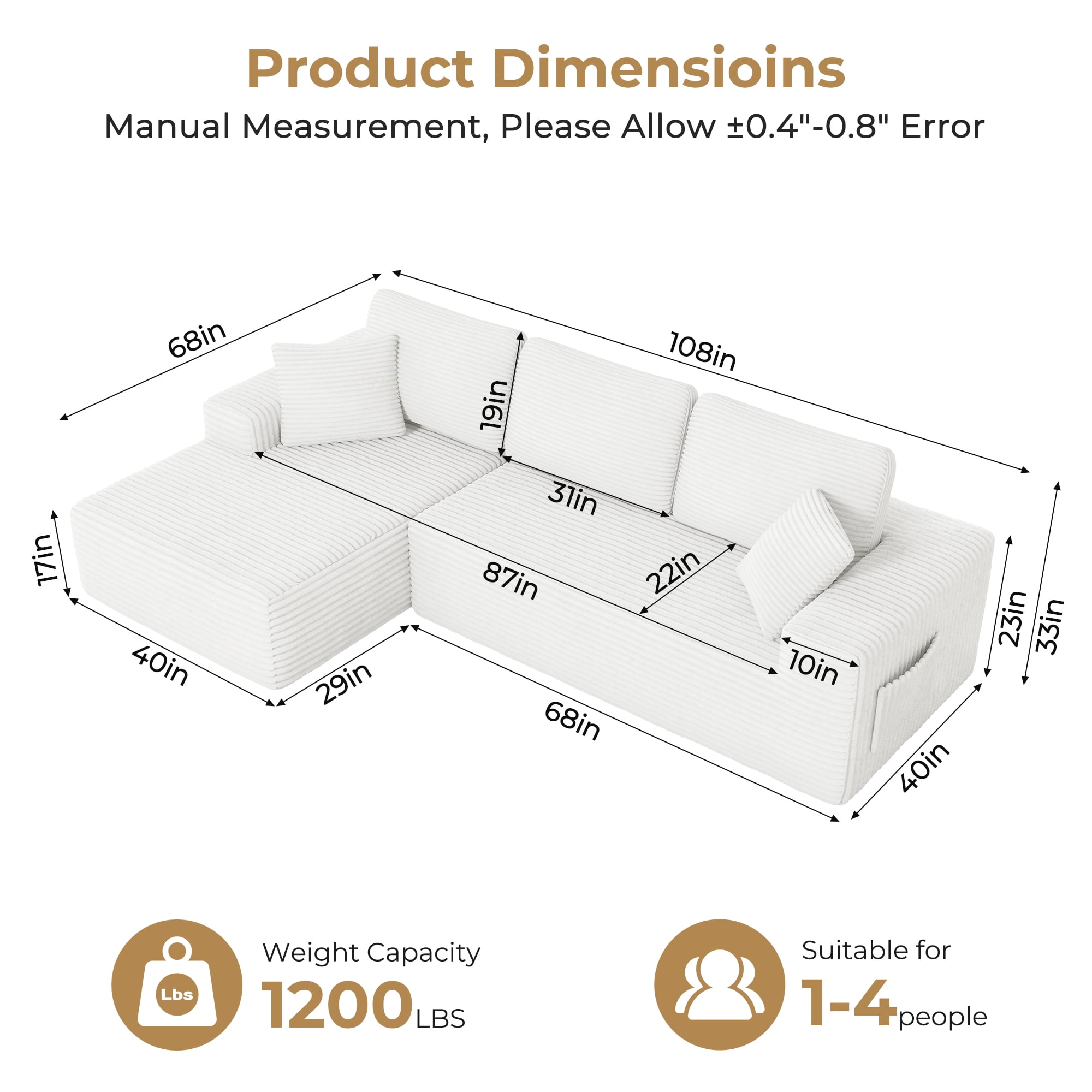 108" Boneless Sofa for Living Room, Neche Modern L-Shaped Corduroy Sectional, Modular Cloud Couch with Deep Seating Upholstered Sofa, Oversized,No Assembly, White