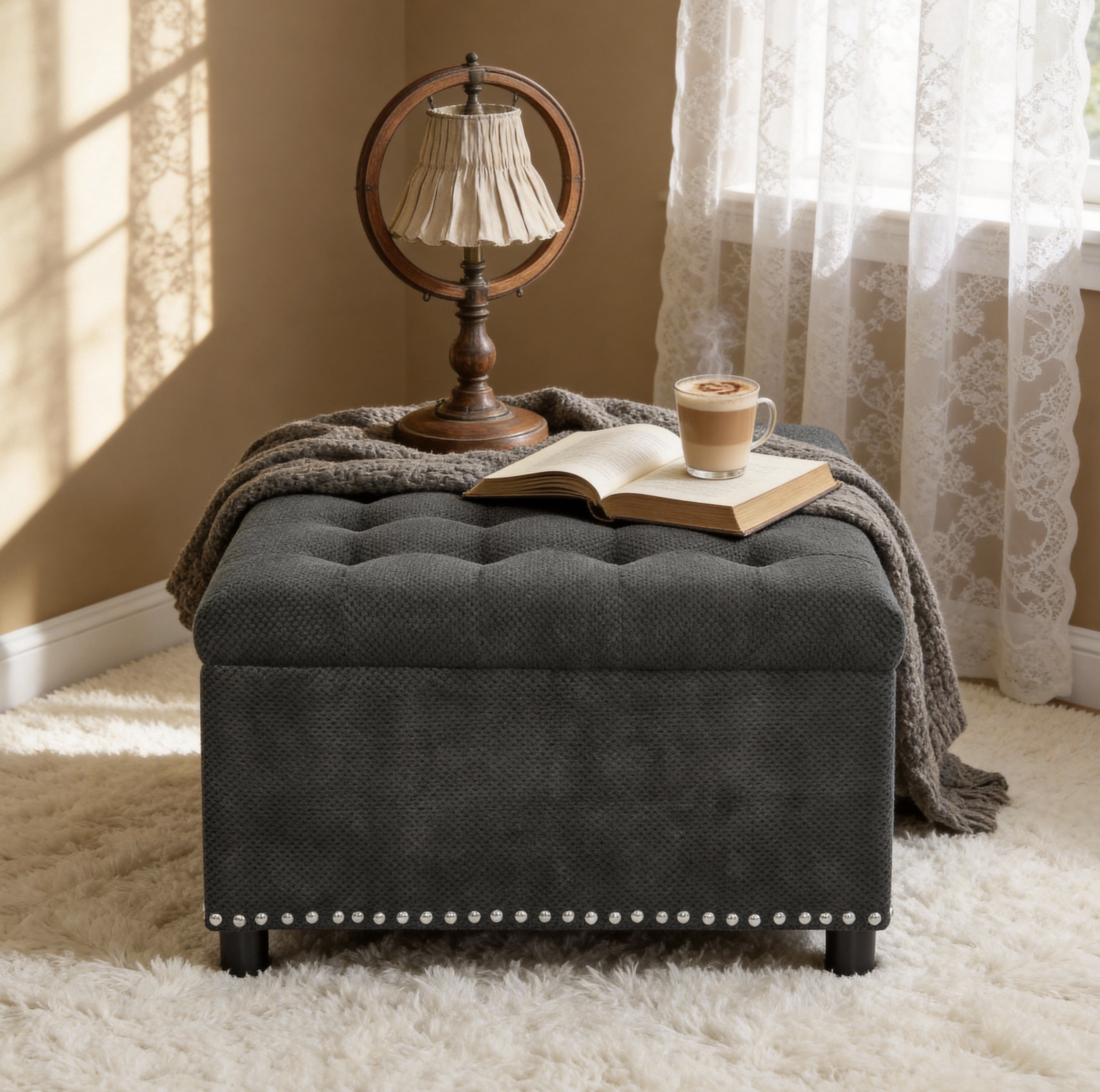 Tufted Storage Ottoman with Nailhead Trim, Square Footstool with Hidden Storage Compartment, Upholstered Coffee Table for Living Room, Bedroom, Dark Grey