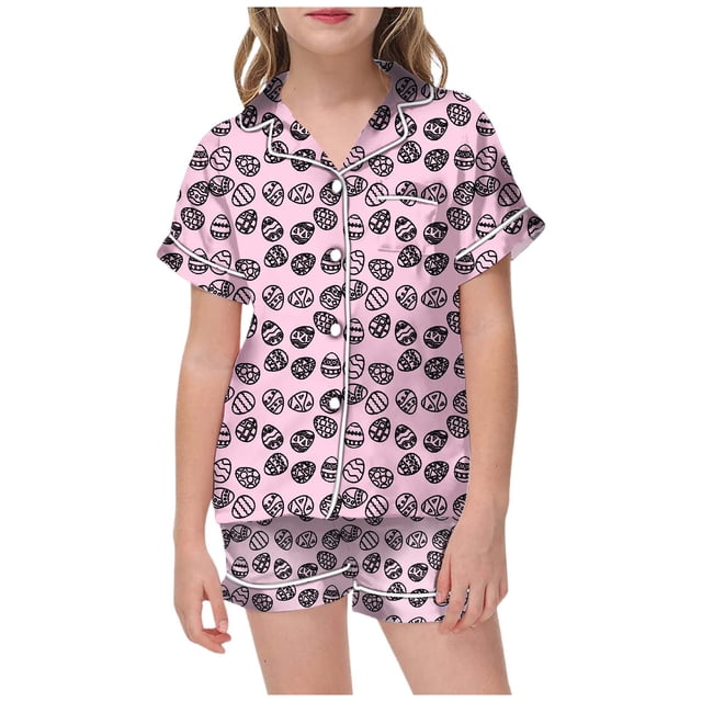 MIASHUI Pyjama Boutonné 2 Pcs Garçon Fille Imprimé de Pâques pour Enfants, Rose, 2-3 Ans