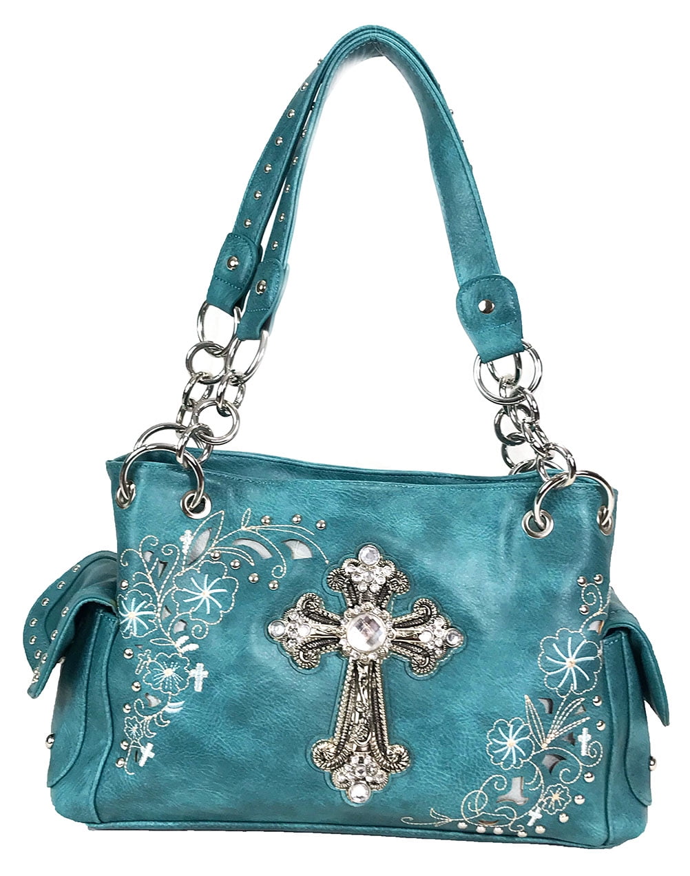 Zzfab Rhinestone Cross Embroidered Floral Western Handbag - Soft Synthetic Leather Purse With Concealed Gun Pocket - View #5