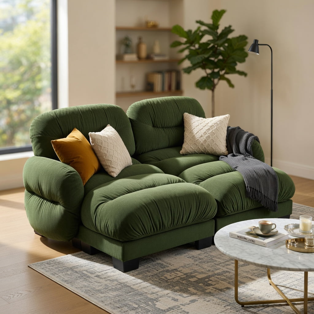 Hommoo Chenille 2-Seater L-Shaped Modular Sectional Sofa with Ergonomic Foam, Curved Armrests, 2 Ottomans & 2 Round Throw Pillows, Pleated Back Design, Green
