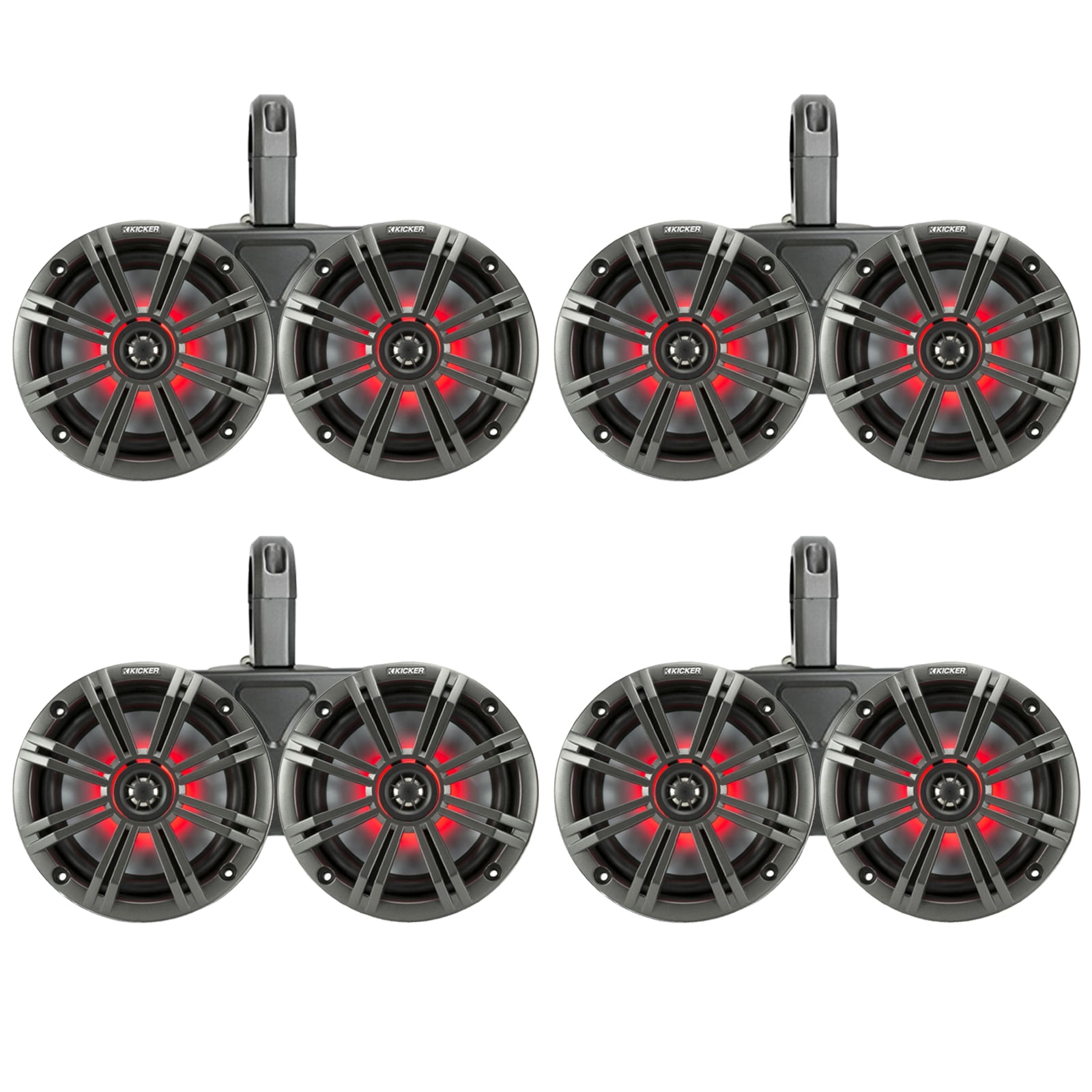 4 Pair (QTY 8) of Kicker 6.5" 2-Way 195 Watts Peak Power Coaxial Marine MultiColor LED Speakers with Charcoal Grilles, 6.5" Marine Tower Dual Speaker Enclosures (2 Pair) - Black