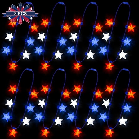BESTSKY Patriotic Glow Stars Necklace Set - LED Light Up Accessories for Veterans Day,4th of July,Memorial Day Parades - 8PCS Red Blue Bulb Party Supplies & Favors