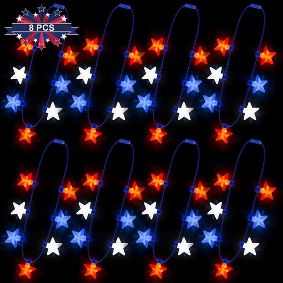 BESTSKY Patriotic Glow Stars Necklace Set - LED Light Up Accessories for Veterans Day,4th of July,Memorial Day Parades - 8PCS Red Blue Bulb Party Supplies & Favors