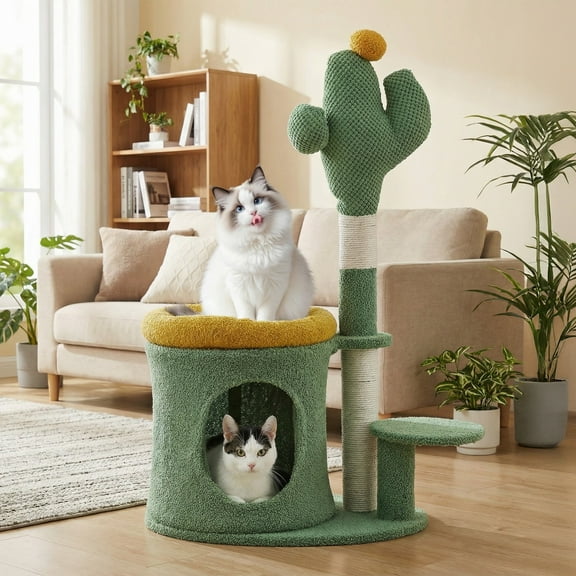 ABSOKE 32" Cat Tree,Cat Tower with Cactus Cat Scratching Post,Cozy Cat House for Indoor Cats,Green