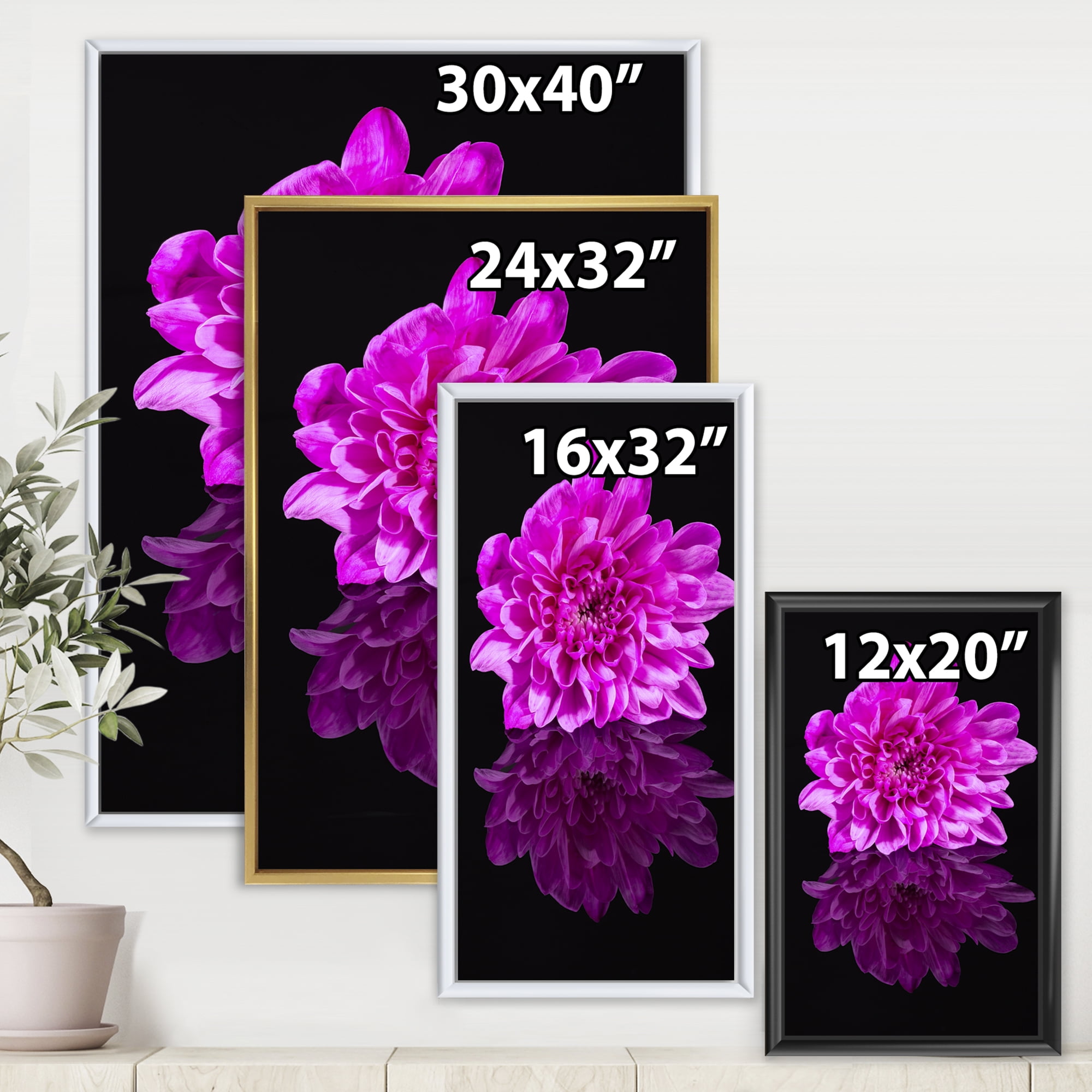 Designart 'Single Purple Chrysanthemum Flower On Black Reflection' Traditional Framed Canvas Wall Art Print