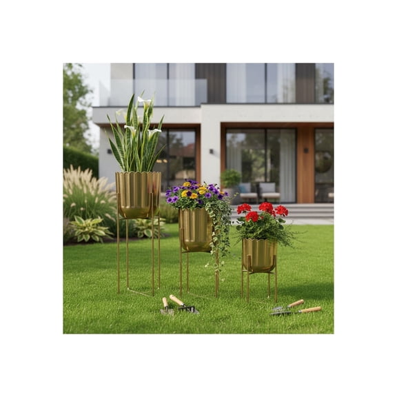 Sagebrook Home Metal Outdoor Planters on Stand for Garden - Decorative Flower Pots for Living Room, Entryway and Porch - Set of 3, 27", Gold