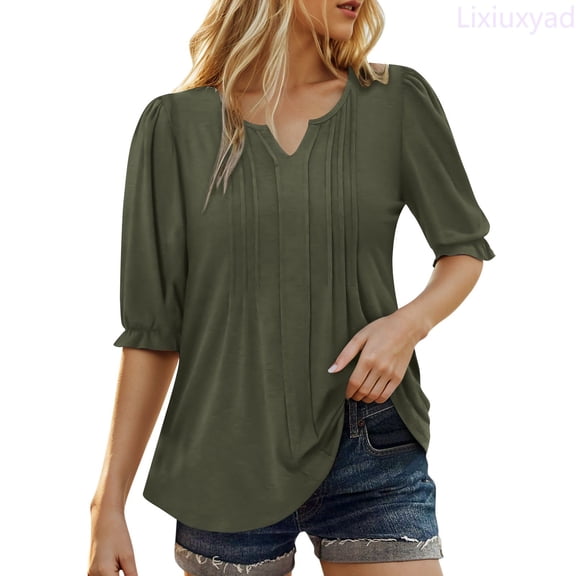 Lixiuxyad A Plain Colored Casual Top With Puffed Sleeves And A V Neck Five Quarter Sleeve T Shirt For Ladies Dressy Casual,Green L