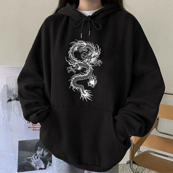 jsaierl Oversized Hoodies for Women Dragon Print Sweatshirt Top Long Sleeve Casual Pullover Hooded Sweatshirt with Kangaroo Pocket