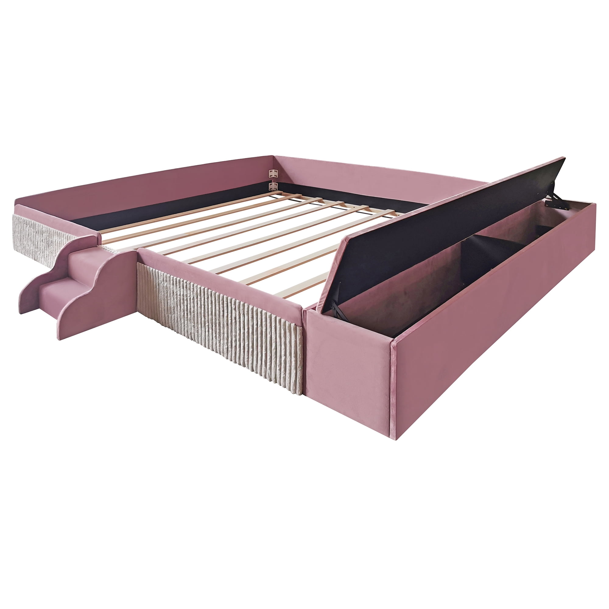 Leumius King Size Floor Bed Frame with Stairs & Gas Lift Storage Ottoman, Velvet Upholstered Daybed with Padded Guardrails, Pink+White