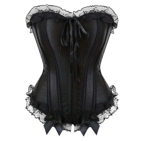 Women s Lace up Boned Overbust Corset Bustier Lingerie Bodyshaper Tops Plus Size Button Lace Boned Corsets Shapewear Bustier Tops for Women Corset S-18 Black XXL