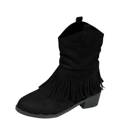 Dasayo Women Boots Footwear Wide Calf Mid-Calf Black Slouch Cowgirl Fringe Western Low Heel Boots Woman Shoes 36