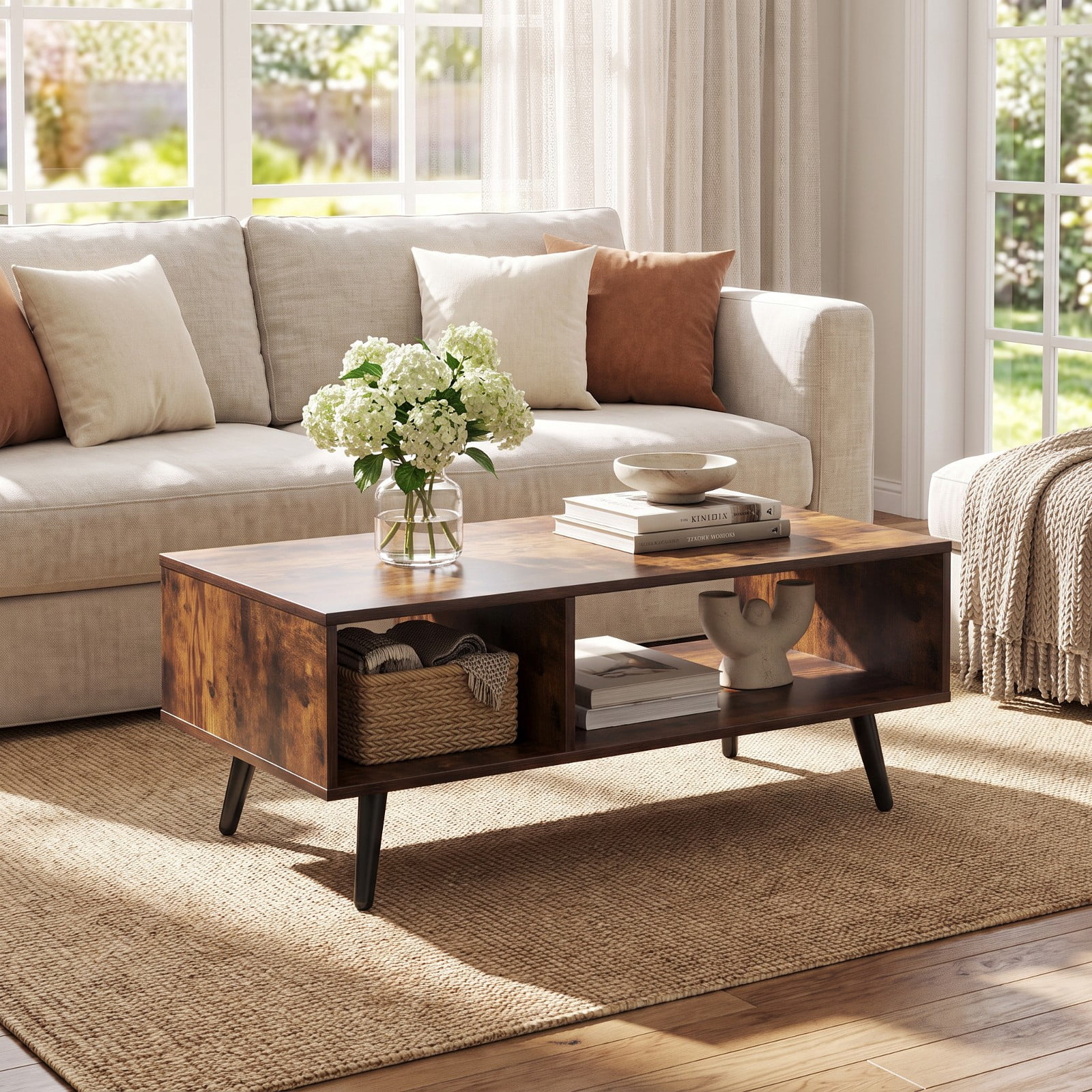 Furnibear Mid Century Modern 2-Tier Rectangle Coffee Table with Two Open Compartments and Tapered Metal Legs for Living Room, Rustic Brown
