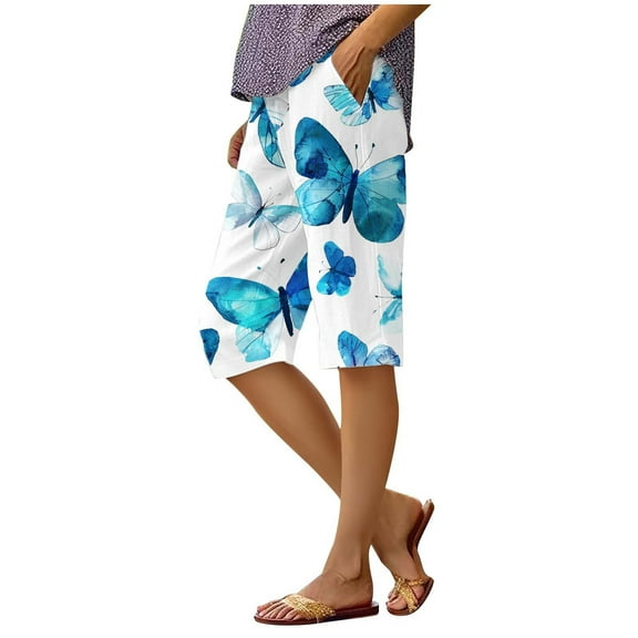 Women's Capri Pants Knee Length Butterfly Printed Wide Leg Yoga Capris Dressy Casual Summer Crop Pants with Pockets Blue L