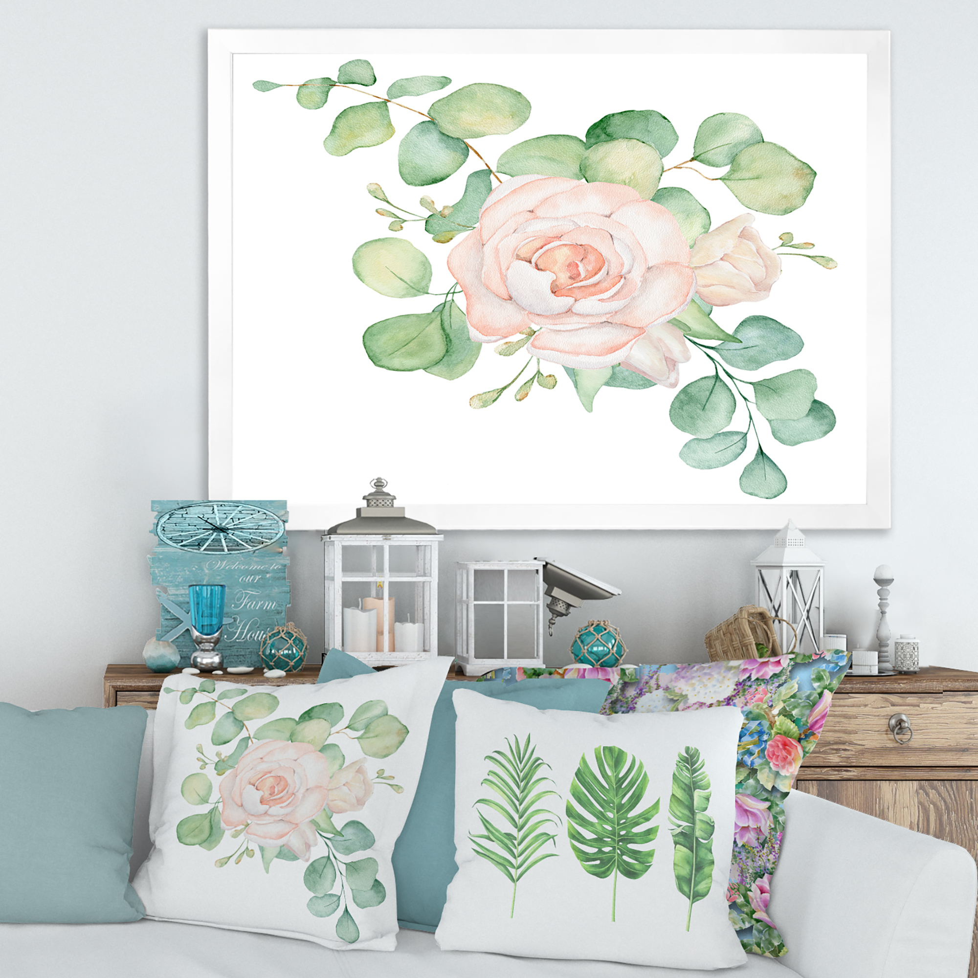 Designart 'Bouquet of Pink Roses Flowers and Eucalyptus Leaves' Traditional Framed Art Print
