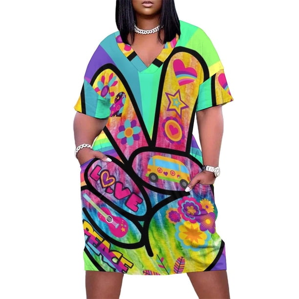 Peace Man - Hippy Love Vibe Fondo psicodélico Vestido suelto con bolsillo Vestidos de fiesta Vestido para mujeres embarazadas