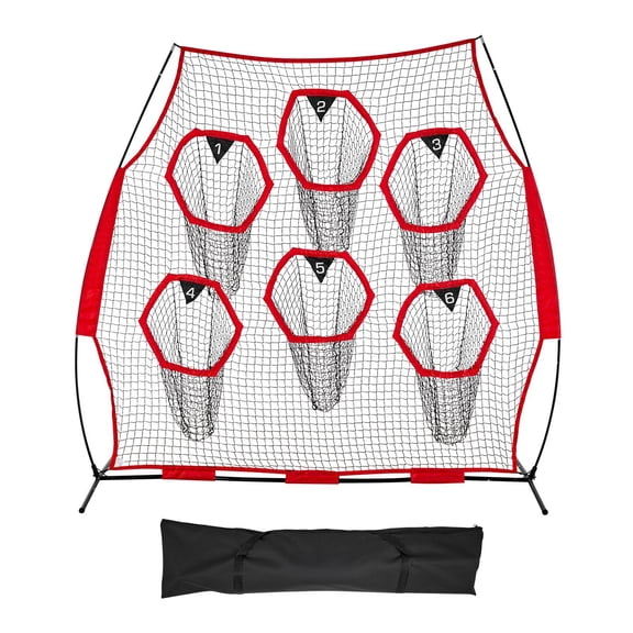 8x8ft Football Training Throwing Net with 6 Target Pockets Knotless Design Includes Straps and Carry Case for QB Accuracy Red