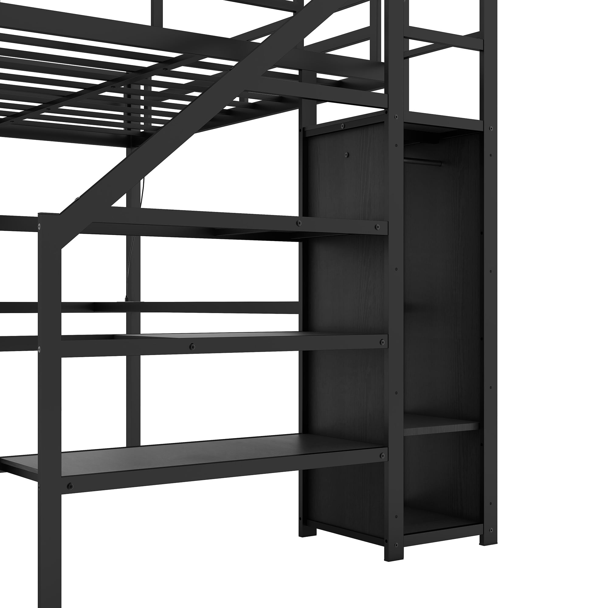 Full Size Loft Bed with Desk and Stairs, Metal Loft Bed Frame with Wardrobe and USB Charging Station
