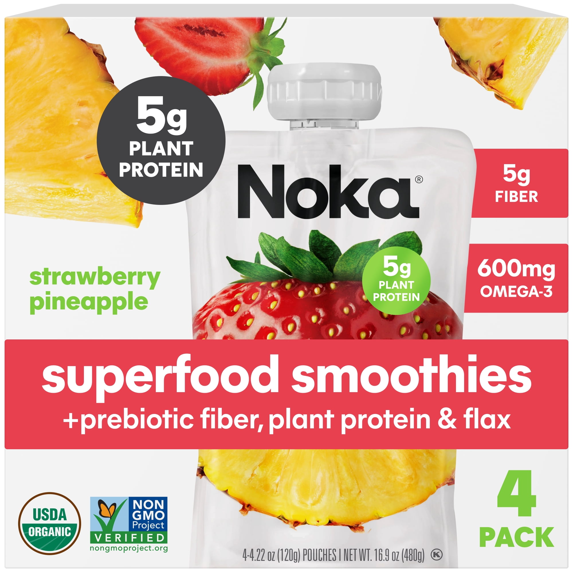 Noka Organic Superfood Smoothie Pouch, Plant Protein, Strawberry Pineapple, 4.22oz, 4 Pack