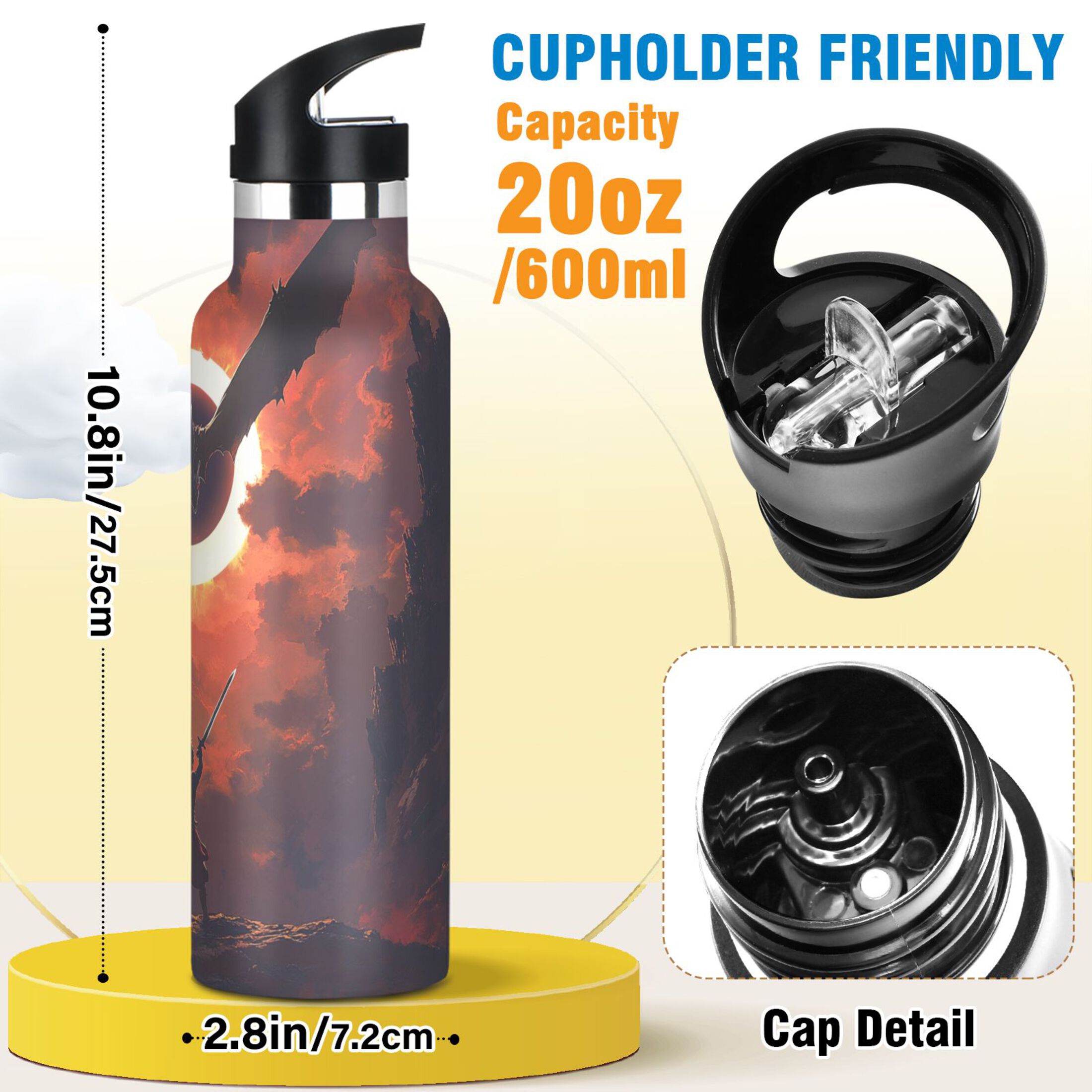 600ML Stainless Steel Insulated Cup Sports Water Bottle Portable Thermos Cup Water Glasses Insulated Tumblers Convenient and Durable Fierce Dragon