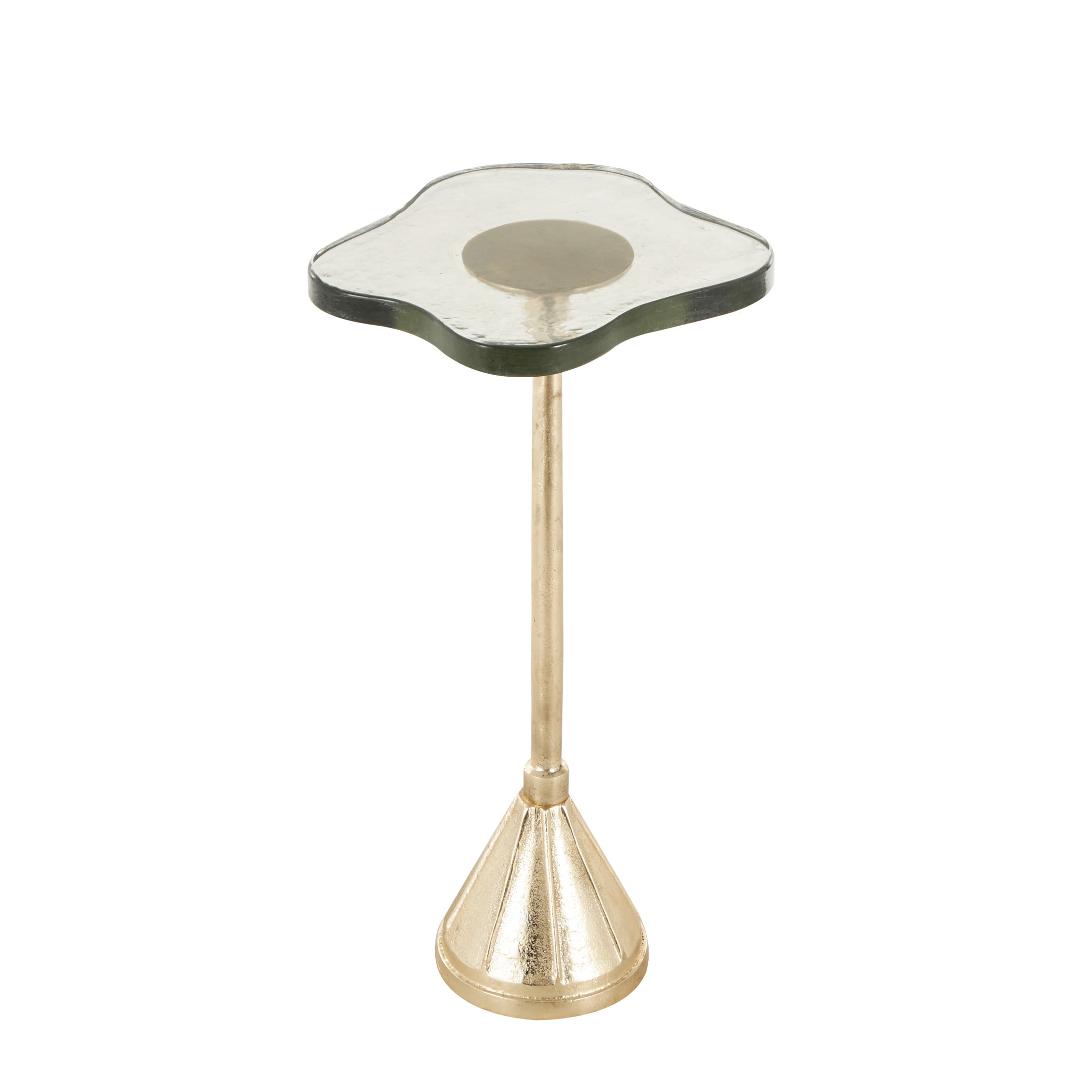 DecMode 11" x 23" Gold Aluminum Metal Pedestal Accent Table with Textured Glass Tabletop, 1-Piece