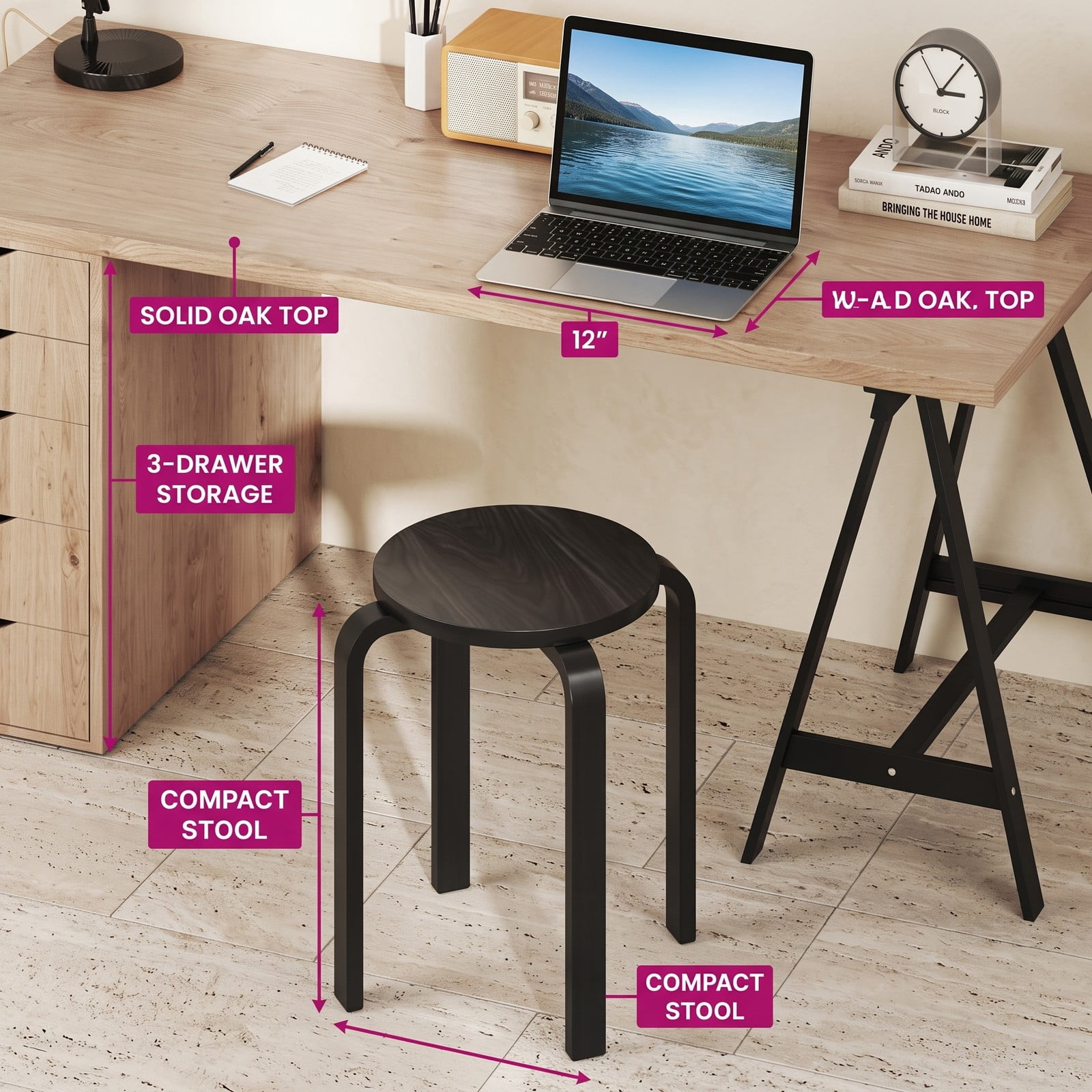 Furnibear Set of 4 Stackable Bentwood Dining Chairs, 18 Inch Round Top Solid Wood Kitchen Side Chairs, Space-Saving Backless Stackable Seats for Home Office, Black