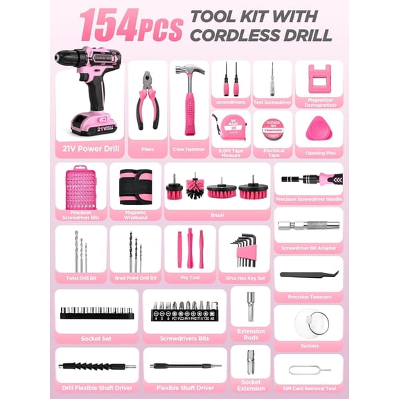 Cordless Drill Set 154 Pcs, 21V Power Drill with Tool Kit, Storage Bag, Electric Drills for Women, Precision Screwdriver set, Magnetic Tool Belt, Hand ToolBox, Drills Brush (Pink)