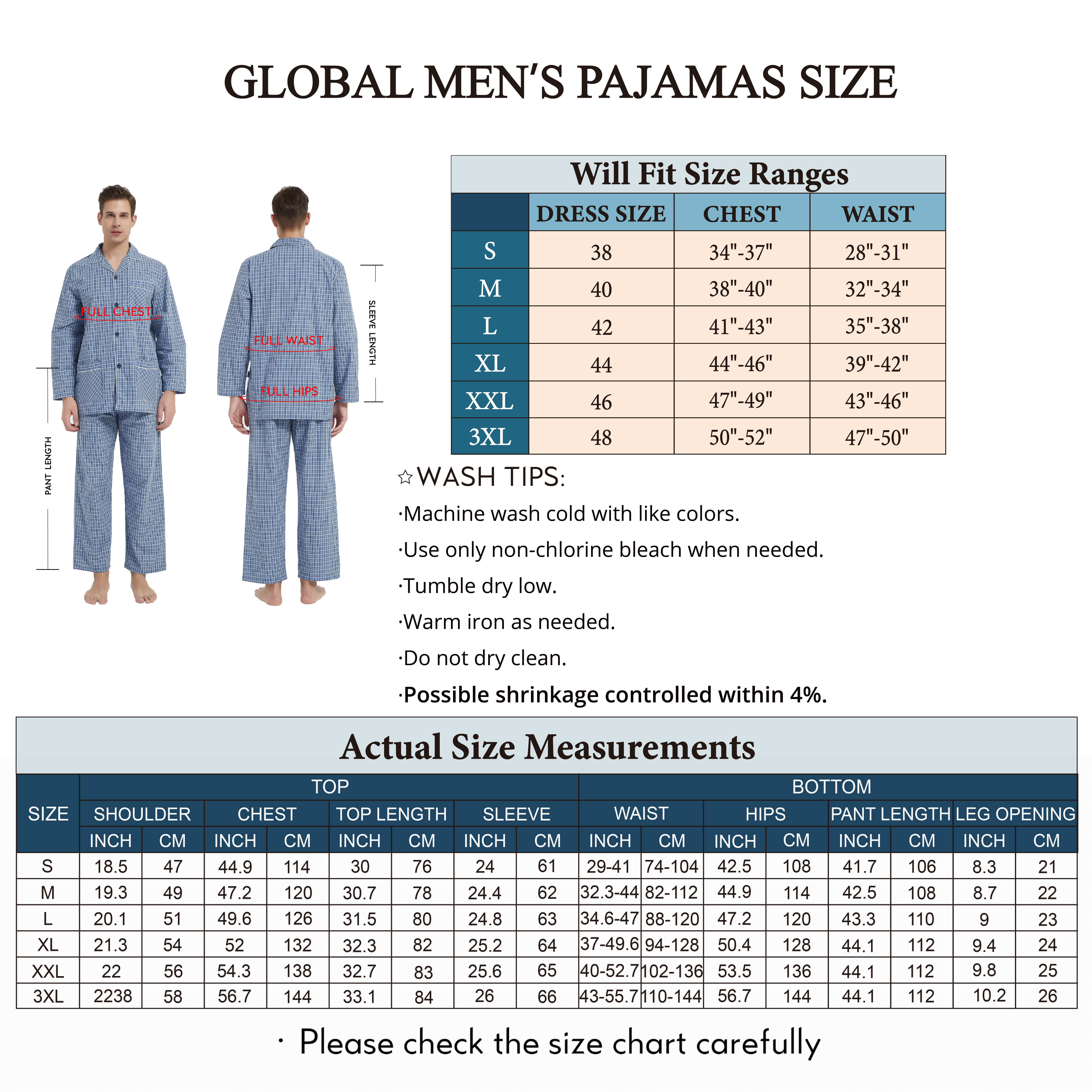 thumbnail image 3 of GLOBAL Mens Yarn Pajama Set 100% Cotton, Long Sleeve Button Down PJ Set for Men Plaid Men's Sleepwear, Sizes S-3XL, 3 of 4