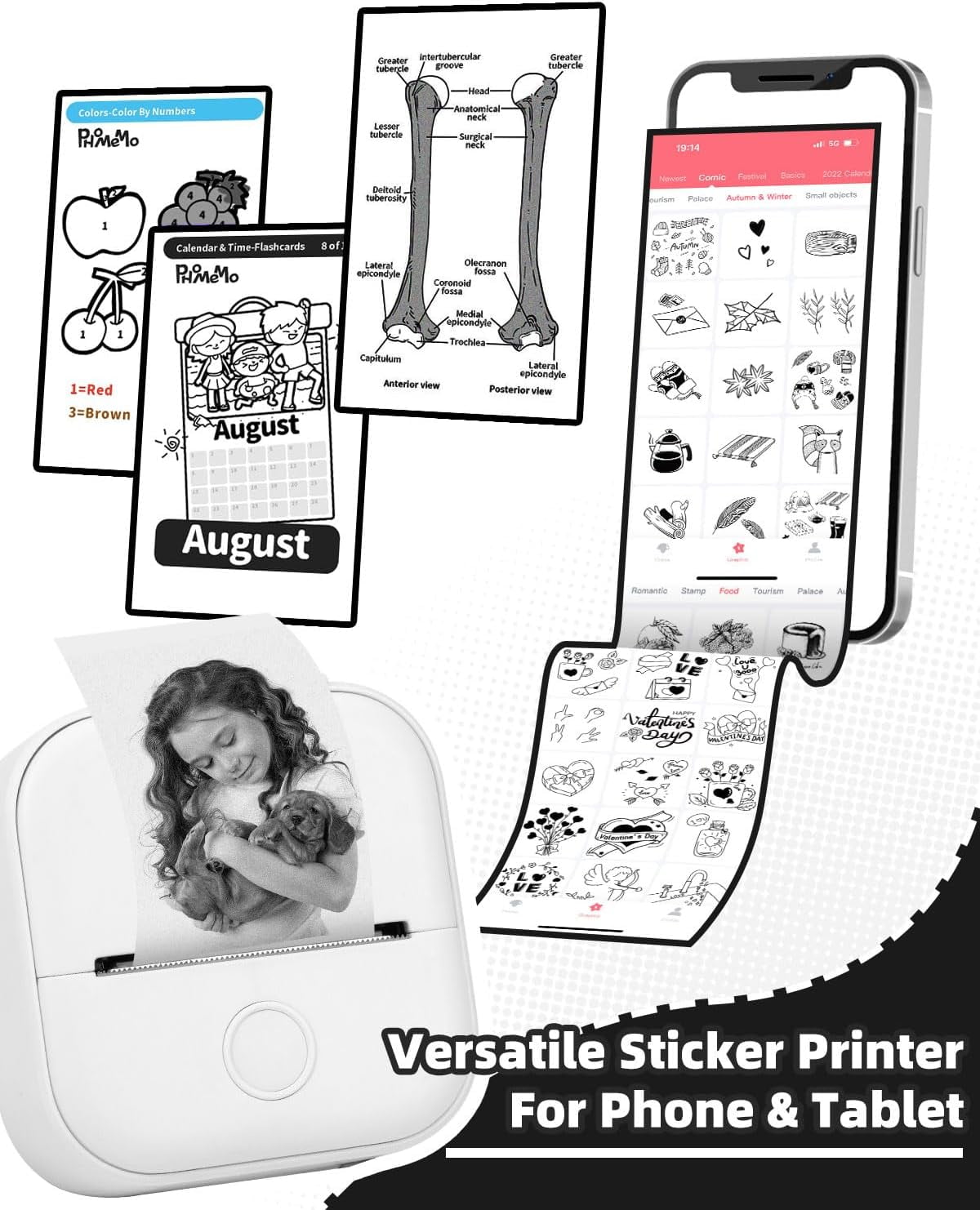 Mini Sticker Printer - T02 Mini Printer Portable Thermal Printer Inkless Sticker Maker Machine Bluetooth Pocket Printer Phone Printer for Study Graphics, Anatomical Diagrams