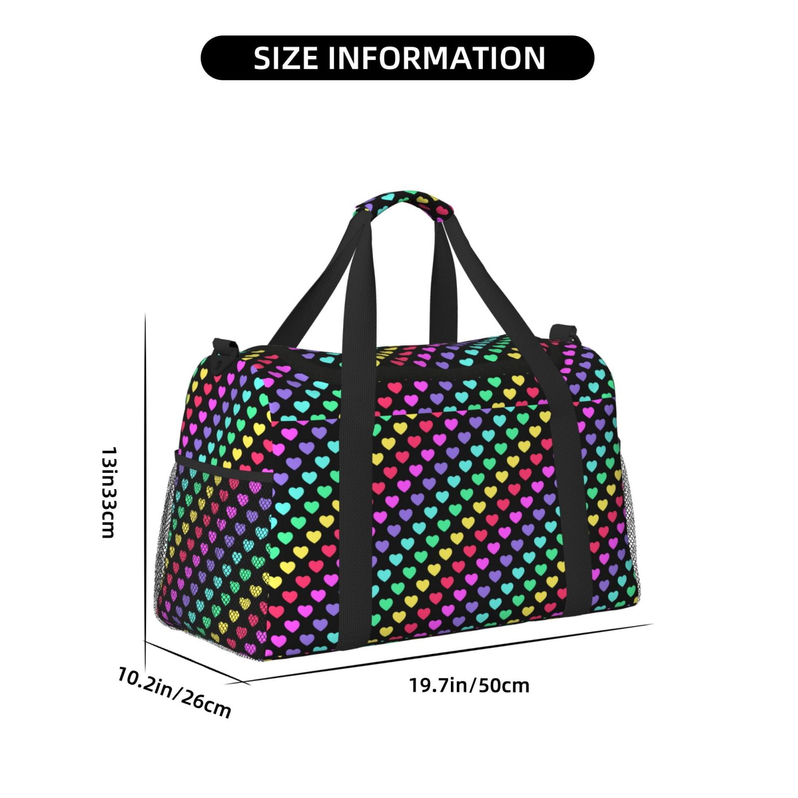 Fuzoiu Rainbow Hearts Print Travel Duffle Bag,Carry On Tote Bags,Duffel Bag,Sport Gym Bag, Hospital Bag for Labor and Delivery, Overnight Bag,Luggage Bag