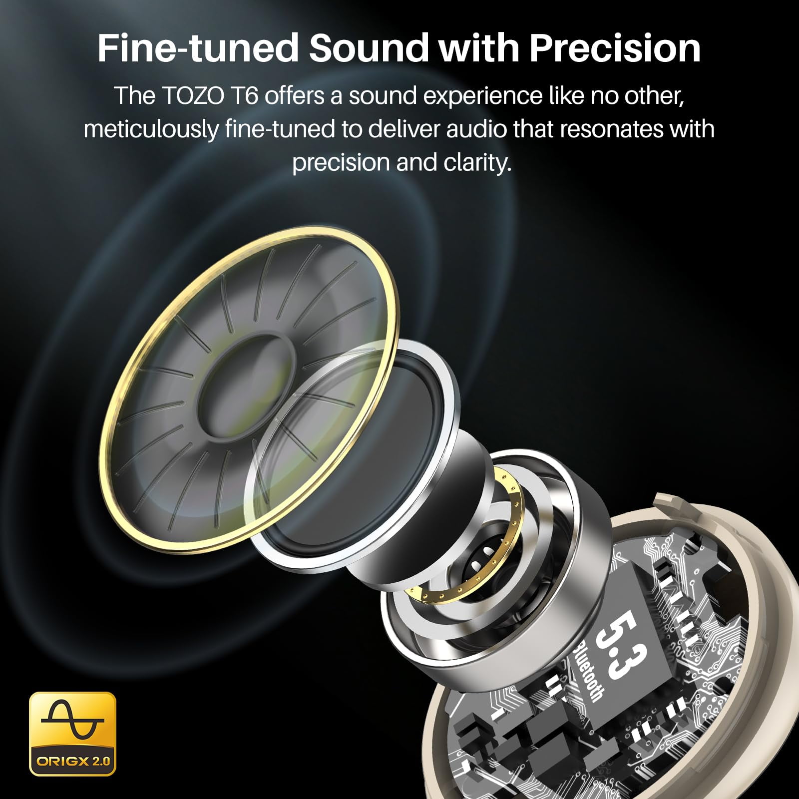 TOZO T6 Earbuds Bluetooth Headphones Bluetooth, 50H, AI Chat/Translation/Clear Mics, Stereo Bass, Wireless Charging, App-32EQ, IPX8 Waterproof Headphones, Champagne