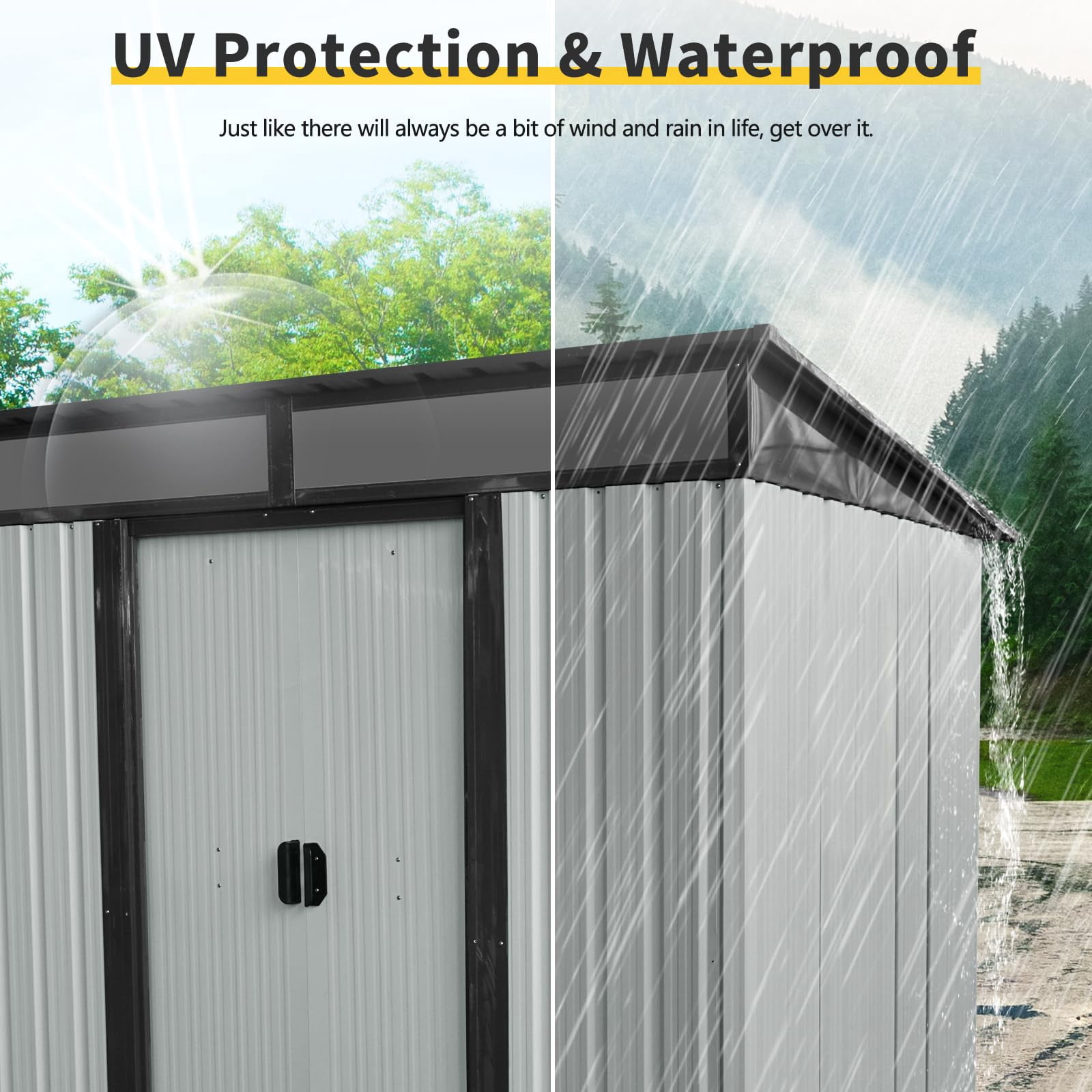 5' x 6' Outdoor Storage Shed, HOYOA Galvanized Metal Storage Shed with Lockable Door for Garden Backyard Patio Lawn, Weather Resistant and Waterproof, White and Black