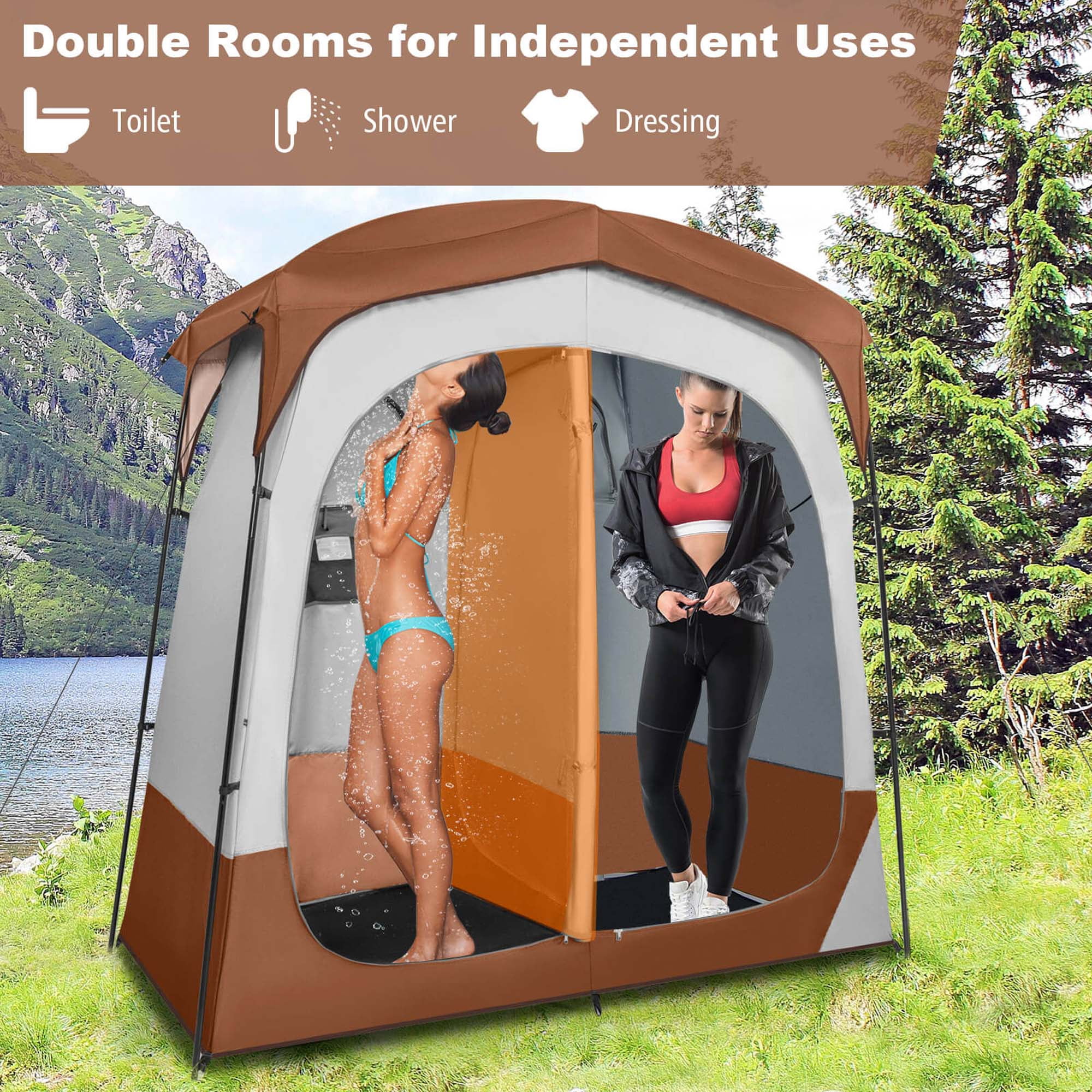 Goplus 2 Room Shower Tent Oversize Privacy Shelter Portable Dressing Toilet Outdoor Brown