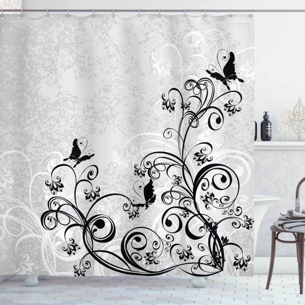 Black and Grey Shower Curtain, Grunge Illustration of Butterflies and