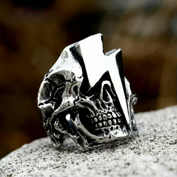 K-KED Men's Gothic Biker Skull Ring Stainless Steel Flashing Lightning Skull Punk Ring-9