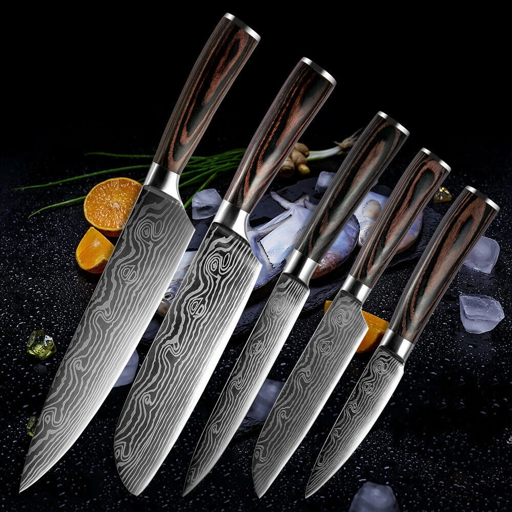 Knives Set for Kitchen, Gustrug 5PCS High Carbon Stainless Steel Kitchen  Knife Set with Ergonomic Wooden Handle for Professional Multipurpose Cooking