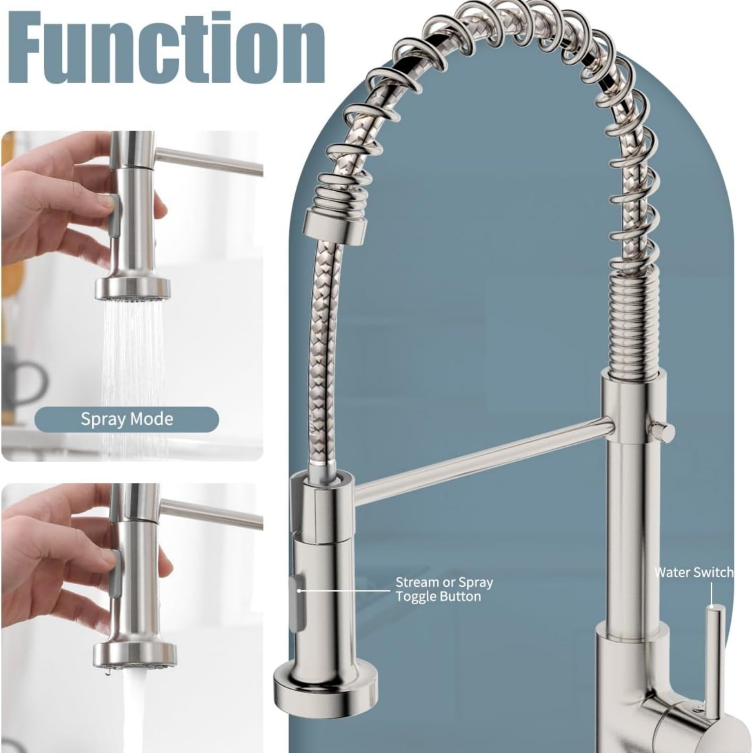 Kitchen Faucet, Commercial Kitchen Sink Faucets with Pull Down Sprayer, Stainless Steel Faucets for Kitchen Sinks, Dual Function Spray Head, Single Handle Spring Kitchen Faucets -Brushed Nickel