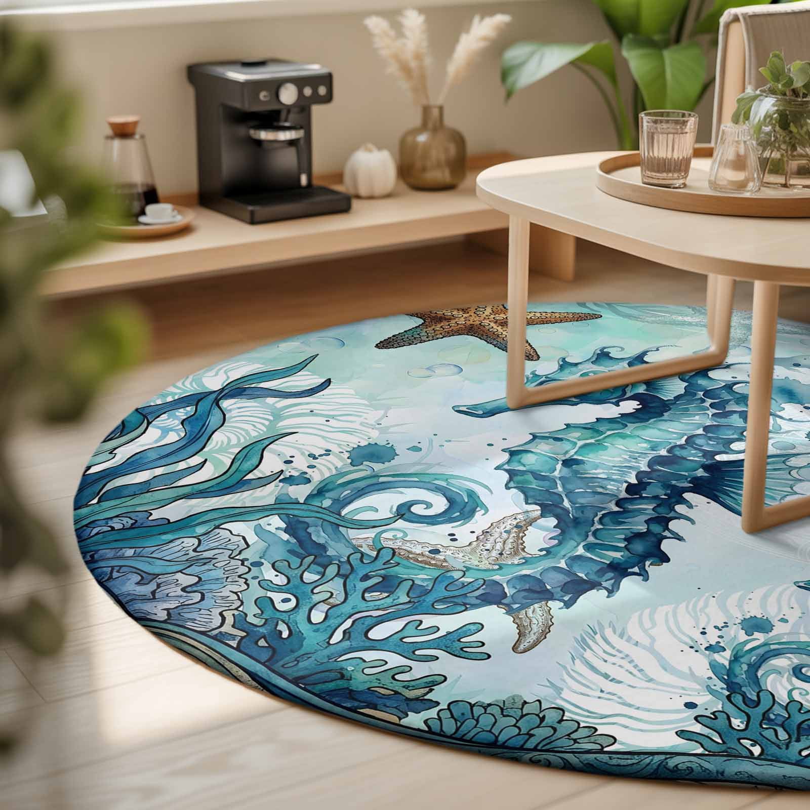 Small Round Rug 3Ft, Ocean Seahorses Non-Slip Washable Circle Rugs Carpet, Coastal Animals Seaweed Strafish Compass Blue Indoor Outdoor Rug Floor Mats Throw Runner for Bedroom Living Room Bathroom