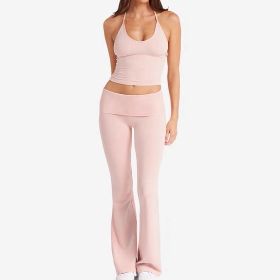 ORVELLUNE Women's Quick-Dry 2-Piece Yoga Set, Padded Halter Tank and High-Waist Flare Pants