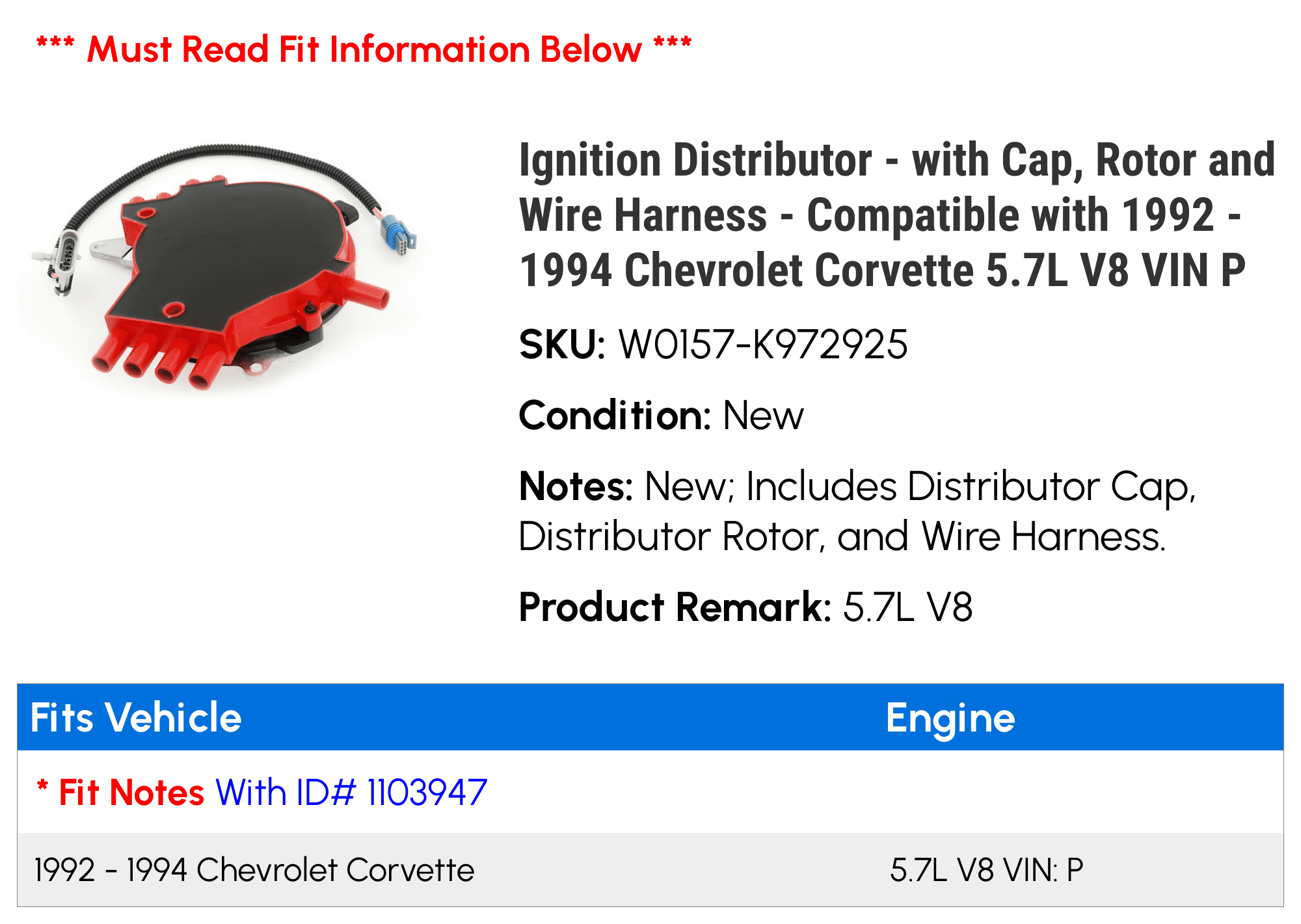 Ignition Distributor - with Cap, Rotor and Wire Harness - Compatible with 1992 - 1994 Chevy Corvette 5.7L V8 VIN P 1993