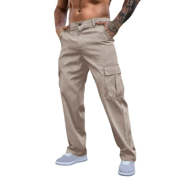 Men's Athletic Pants Solid Color Straight Leg Zipper Pocket Sports Trousers Outdoor Jogging Running Hiking Breathable Pant Khaki M