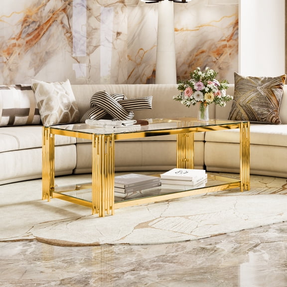 Lisonu Modern Transparent Glass Coffee Table, 47.5" Rectangular Tempered Glass Top — Gold Asymmetrical Metal Frame & Lower Shelf, Open Airy Design for Living Room